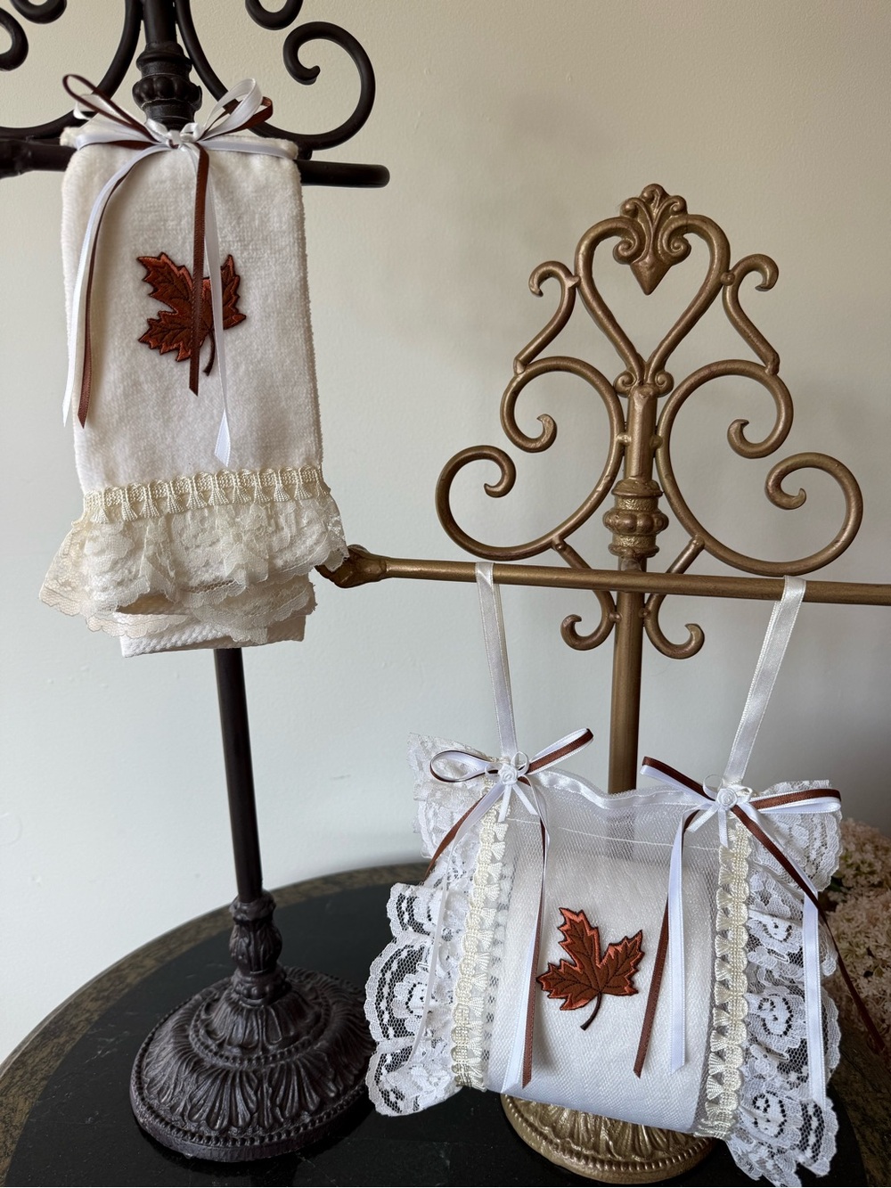 🤎 Hand Crafted Cream Lace Hand Towel & Sachet Set with Brown Leaf Accent 🤎